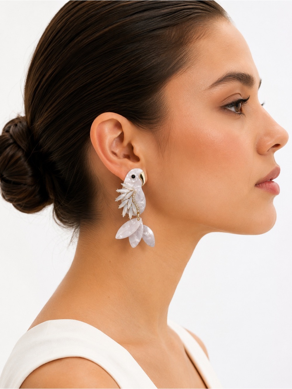 Nasty Gal Pearl White Parrot Drop Earrings with Gold Accents